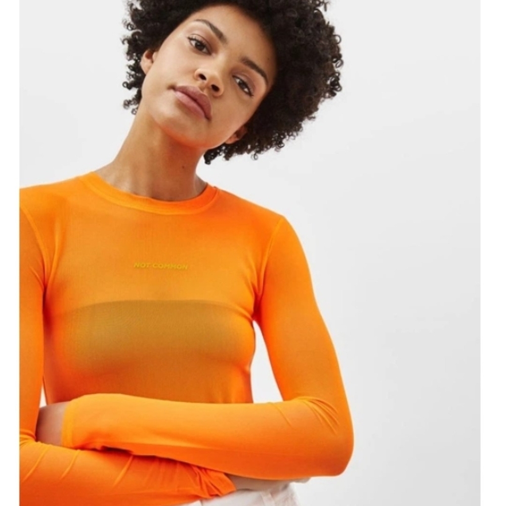 Bershka Bright Neon Orange Long Sleeve Mesh Top. Size XS.